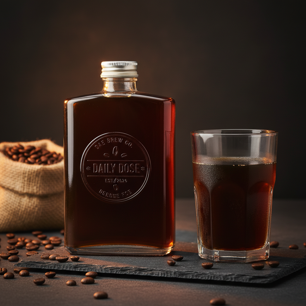 DAE BREW CO. flat flask cold brew bottle and premium chilled cold brew glass on dark slate with arabica beans — our brand story