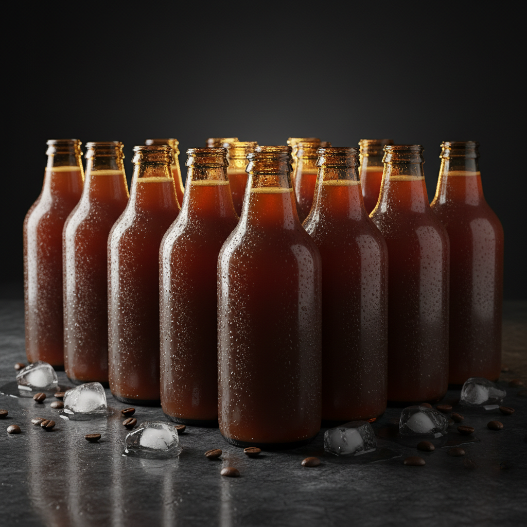 Ten DAE BREW CO. Pure Original cold brew bottles in two elegant rows on dark granite countertop