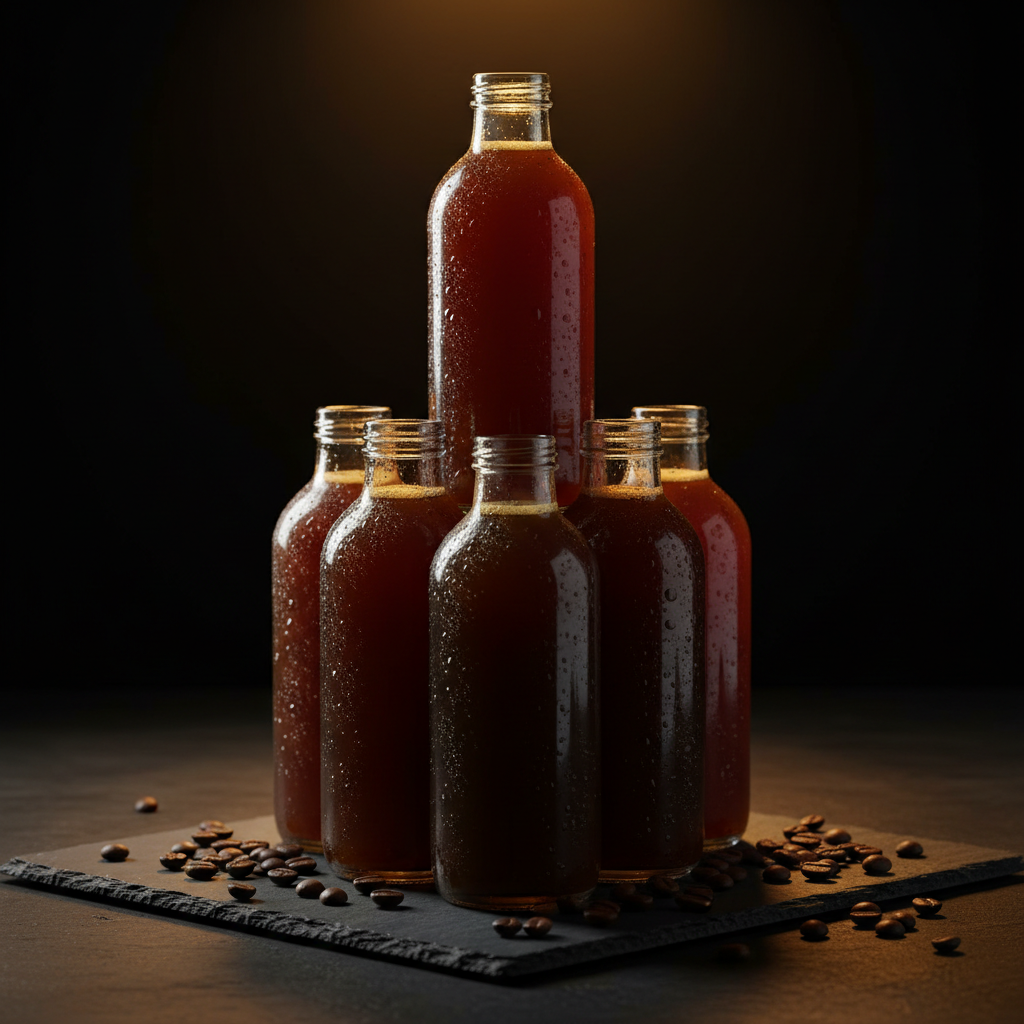 Six DAE BREW CO. Pure Original cold brew bottles arranged on dark slate with warm gold lighting