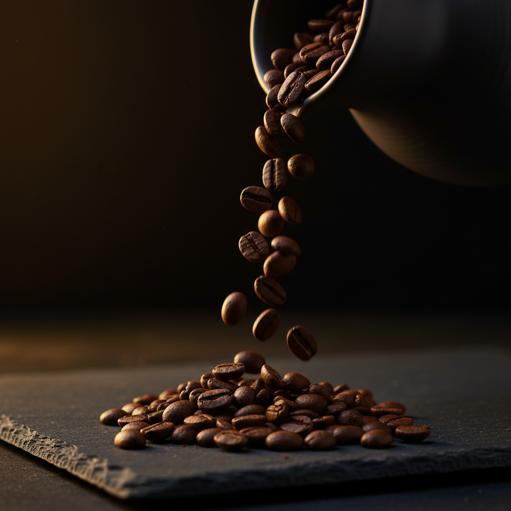 Premium roasted arabica coffee beans poured on dark slate with warm golden lighting
